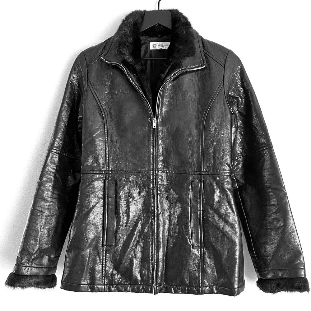 Vintage  Michel Klein Paris Women’s Faux Fur Faux Shiny Leather  Jacket Size 38